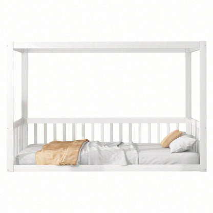 Kinder-Standbett 90 x 200 cm, Himmelbett Massivholz Bettgestell für Kinder Jugendliche Weiß