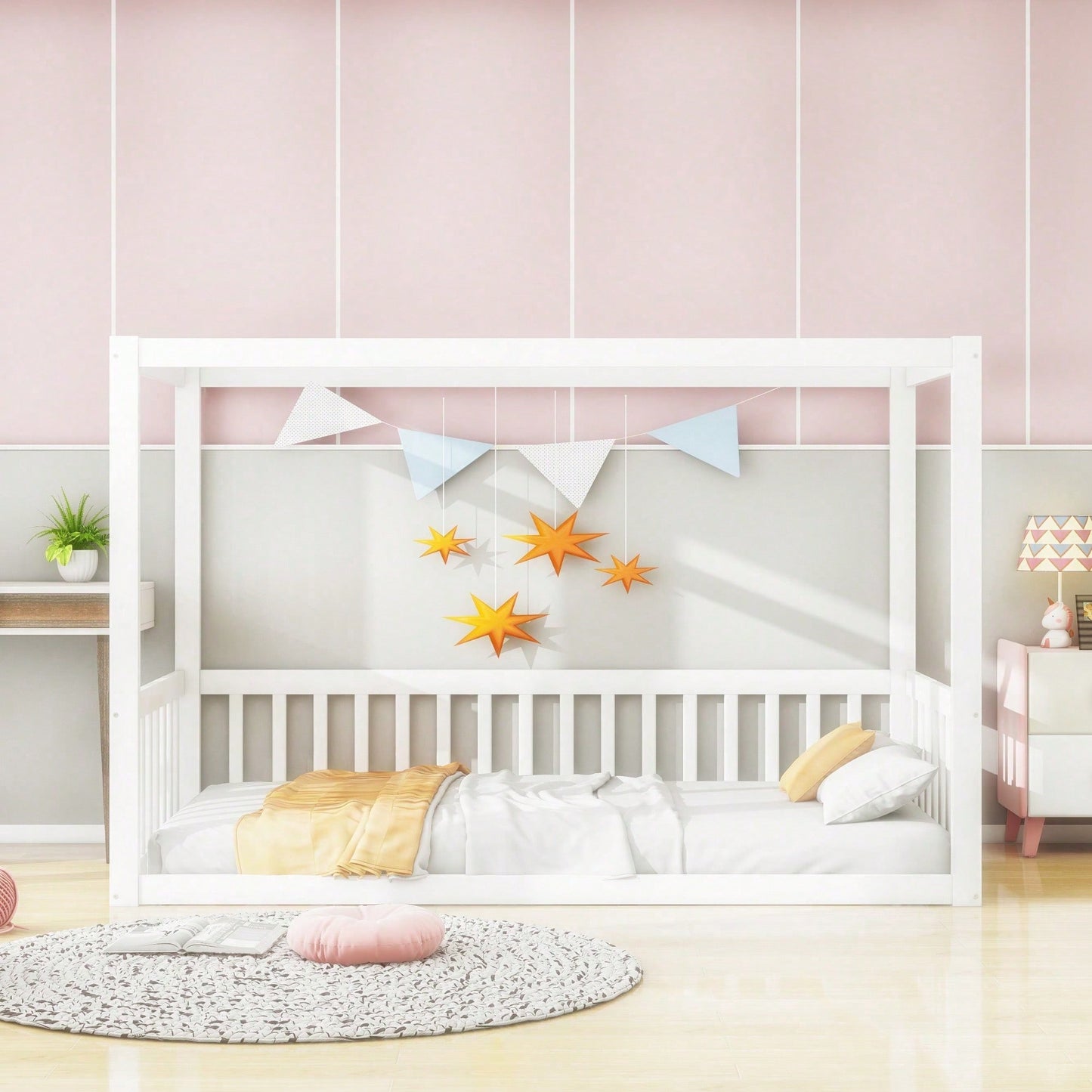 Kinder-Standbett 90 x 200 cm, Himmelbett Massivholz Bettgestell für Kinder Jugendliche Weiß