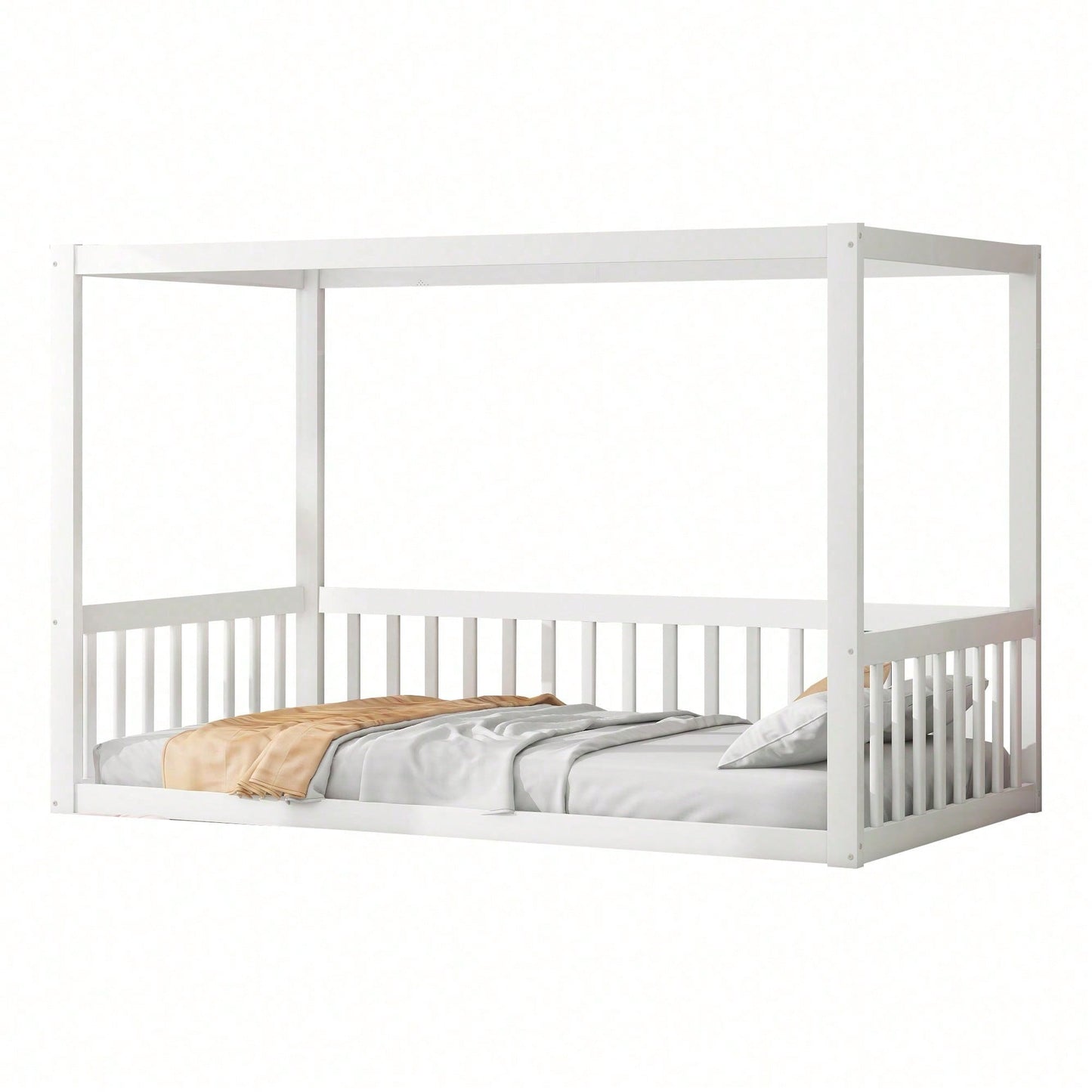 Kinder-Standbett 90 x 200 cm, Himmelbett Massivholz Bettgestell für Kinder Jugendliche Weiß