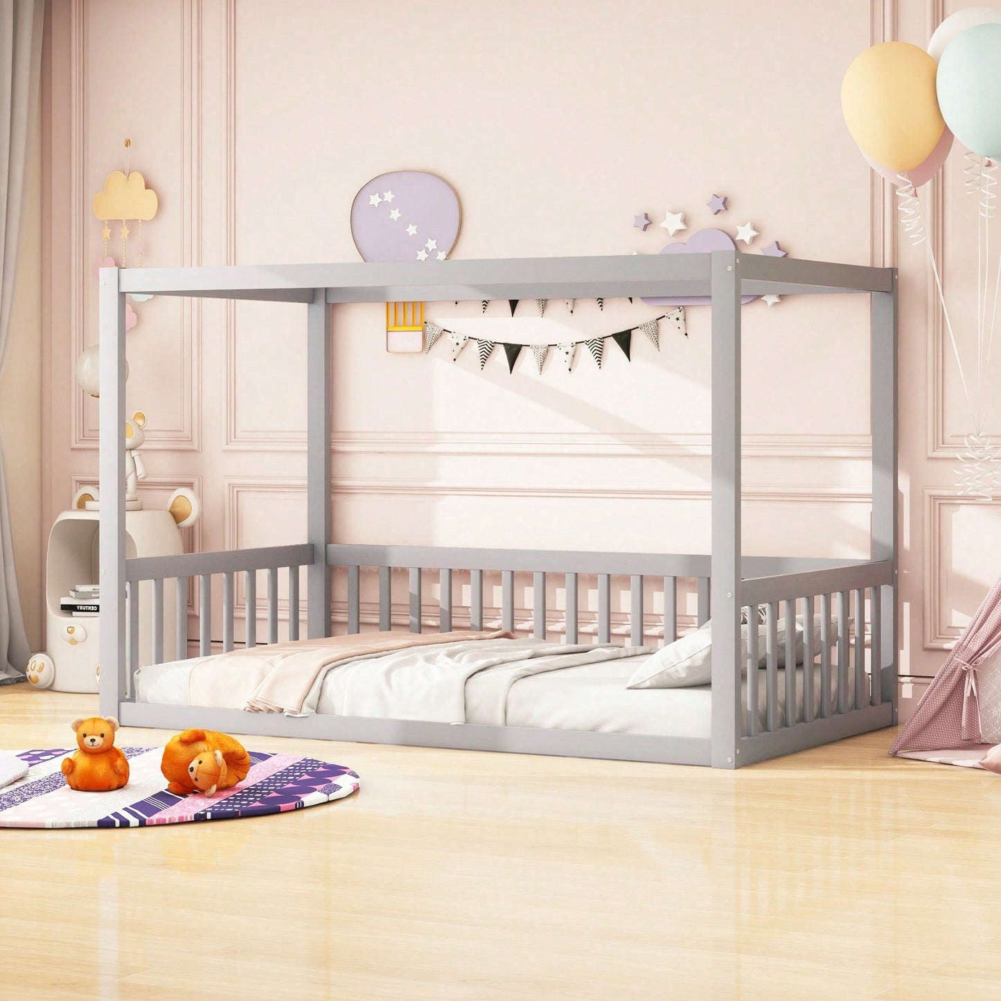 Kinder-Standbett 90 x 200 cm, Himmelbett Massivholz Bettgestell für Kinder Jugendliche Weiß