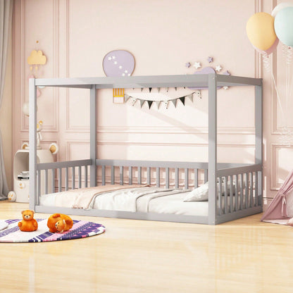 Kinder-Standbett 90 x 200 cm, Himmelbett Massivholz Bettgestell für Kinder Jugendliche Weiß
