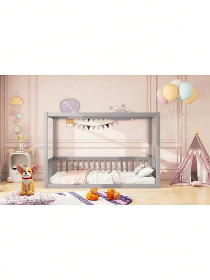 Kinder-Standbett 90 x 200 cm, Himmelbett Massivholz Bettgestell für Kinder Jugendliche Weiß