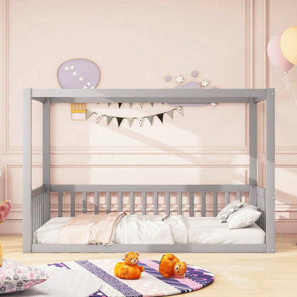 Kinder-Standbett 90 x 200 cm, Himmelbett Massivholz Bettgestell für Kinder Jugendliche Weiß