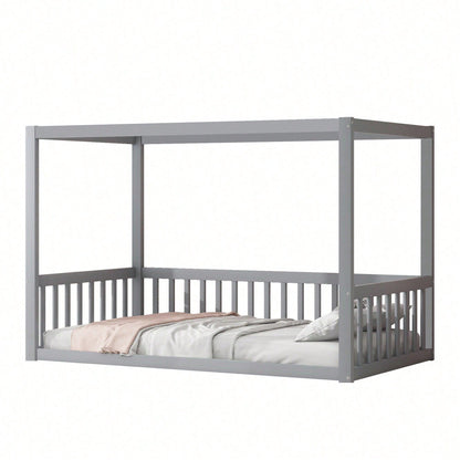 Kinder-Standbett 90 x 200 cm, Himmelbett Massivholz Bettgestell für Kinder Jugendliche Weiß