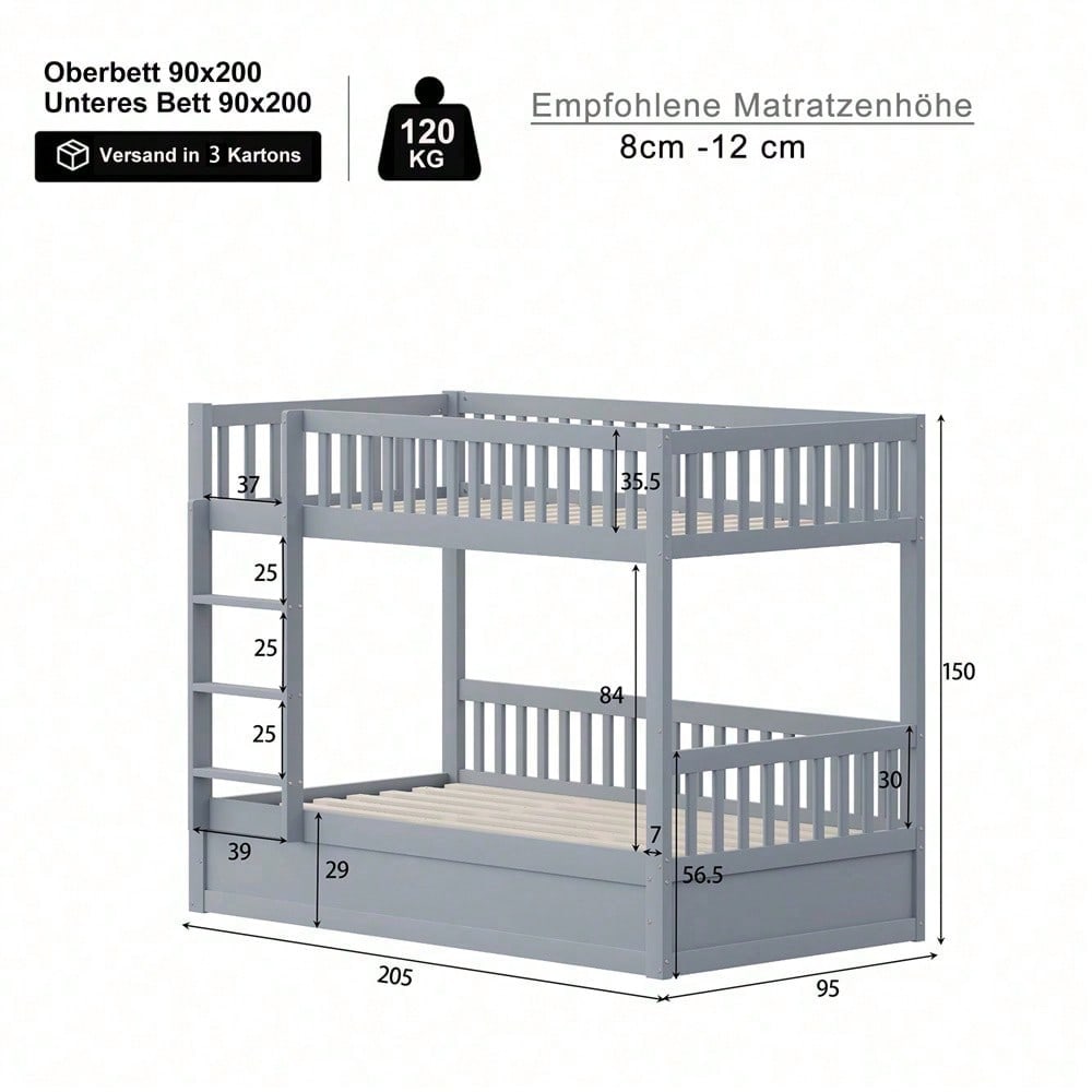Kinder-Etagenbett 90 * 200 Massivholz Hydraulisches Lagersystem, Robustes und langlebiges Lagerbett für Kinder Weiß