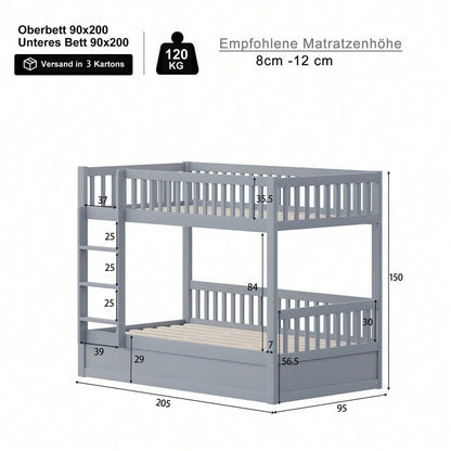 Kinder-Etagenbett 90 * 200 Massivholz Hydraulisches Lagersystem, Robustes und langlebiges Lagerbett für Kinder Weiß