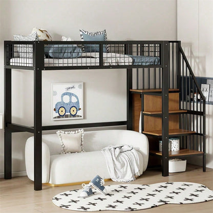 Hochbett 90x200 mit integriertem Kleiderschrank & Regal – Metallrahmen, sicher & platzsparend