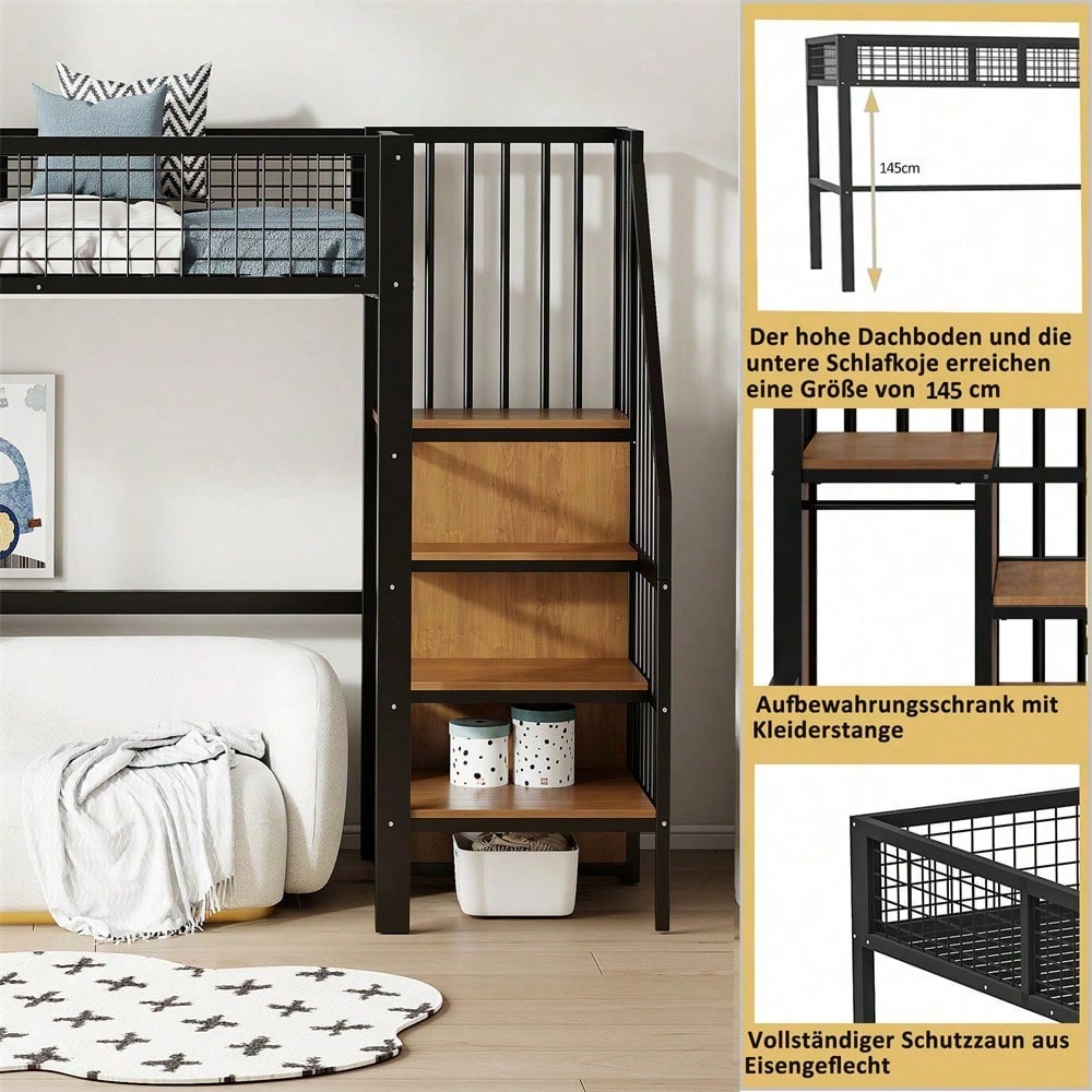 Hochbett 90x200 mit integriertem Kleiderschrank & Regal – Metallrahmen, sicher & platzsparend