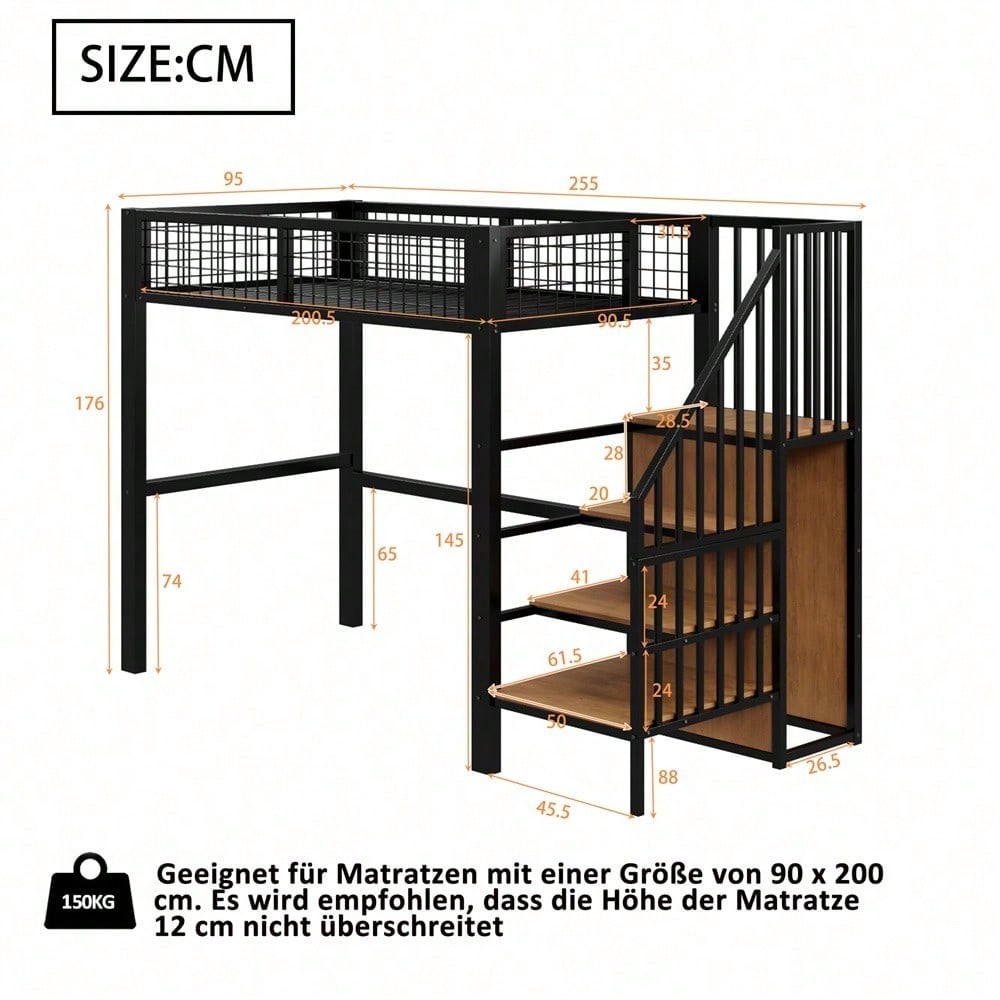 Hochbett 90x200 mit integriertem Kleiderschrank & Regal – Metallrahmen, sicher & platzsparend
