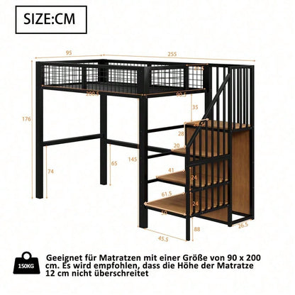 Hochbett 90x200 mit integriertem Kleiderschrank & Regal – Metallrahmen, sicher & platzsparend
