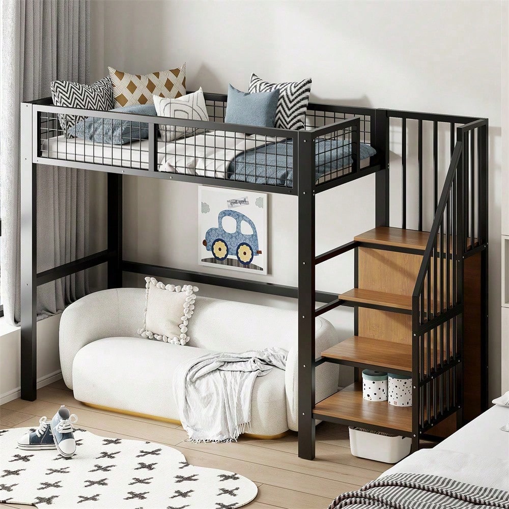Hochbett 90x200 mit integriertem Kleiderschrank & Regal – Metallrahmen, sicher & platzsparend