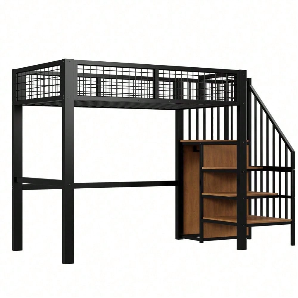 Hochbett 90x200 mit integriertem Kleiderschrank & Regal – Metallrahmen, sicher & platzsparend