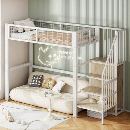 Hochbett 90x200 mit integriertem Kleiderschrank & Regal – Metallrahmen, sicher & platzsparend
