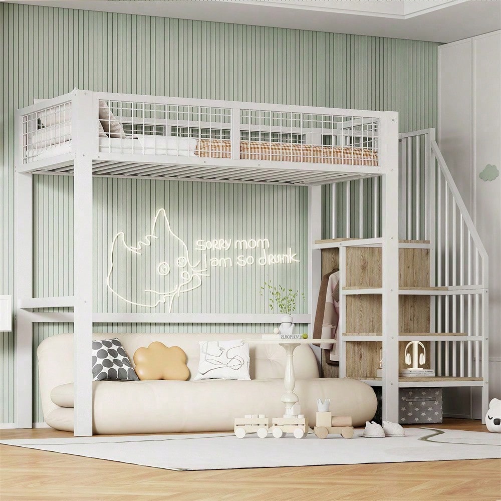 Hochbett 90x200 mit integriertem Kleiderschrank & Regal – Metallrahmen, sicher & platzsparend