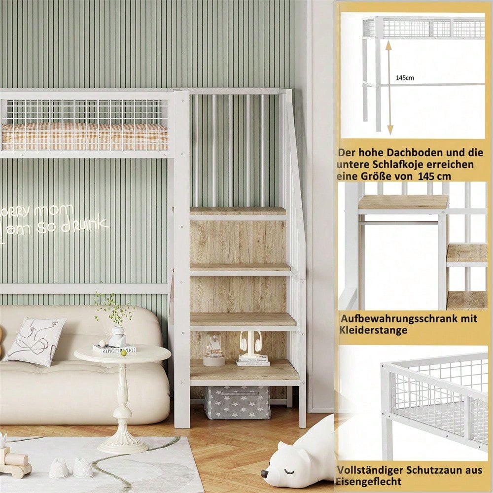Hochbett 90x200 mit integriertem Kleiderschrank & Regal – Metallrahmen, sicher & platzsparend