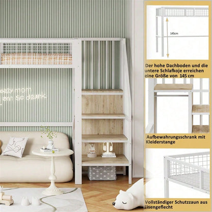 Hochbett 90x200 mit integriertem Kleiderschrank & Regal – Metallrahmen, sicher & platzsparend
