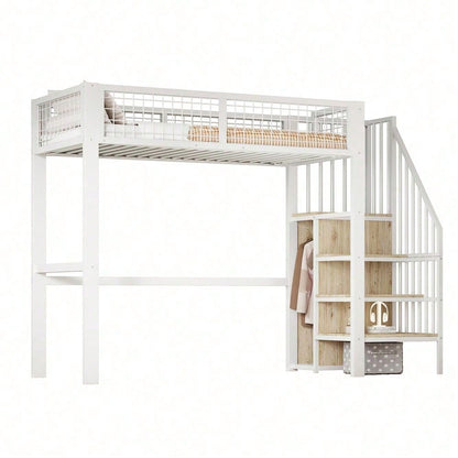 Hochbett 90x200 mit integriertem Kleiderschrank & Regal – Metallrahmen, sicher & platzsparend