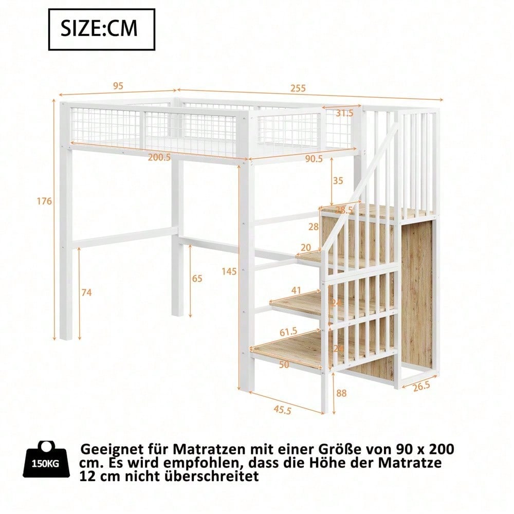 Hochbett 90x200 mit integriertem Kleiderschrank & Regal – Metallrahmen, sicher & platzsparend