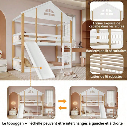 Etagenbett mit charakteristischen Fenstern und dreistufige Winkelzugleiter, Kinderbett mit Rutsche, Hausbett mit Zäunen und Fallschutz, Bettrahmen aus Massivholz, Weiß+Natur, 90x200cm