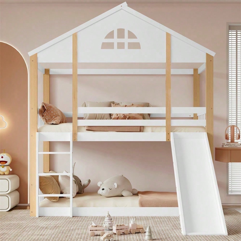 Etagenbett mit charakteristischen Fenstern und dreistufige Winkelzugleiter, Kinderbett mit Rutsche, Hausbett mit Zäunen und Fallschutz, Bettrahmen aus Massivholz, Weiß+Natur, 90x200cm