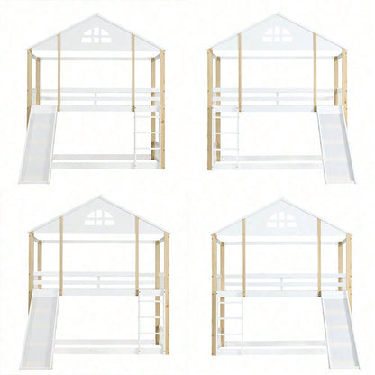 Etagenbett mit charakteristischen Fenstern und dreistufige Winkelzugleiter, Kinderbett mit Rutsche, Hausbett mit Zäunen und Fallschutz, Bettrahmen aus Massivholz, Weiß+Natur, 90x200cm