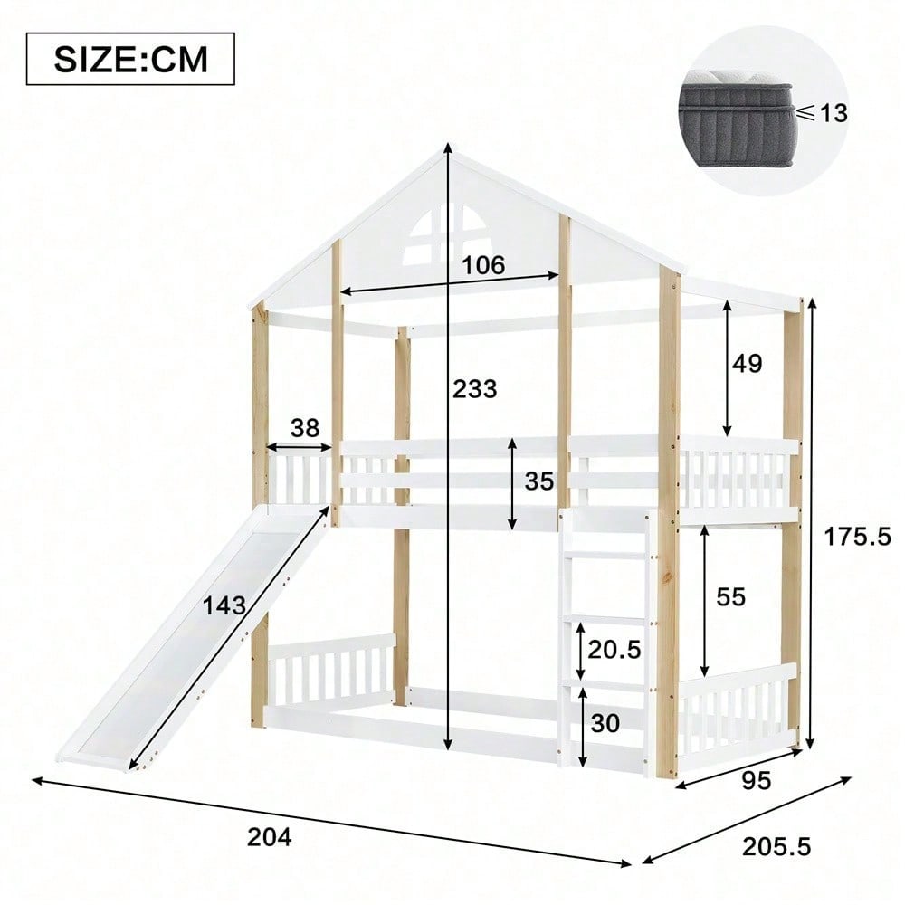 Etagenbett mit charakteristischen Fenstern und dreistufige Winkelzugleiter, Kinderbett mit Rutsche, Hausbett mit Zäunen und Fallschutz, Bettrahmen aus Massivholz, Weiß+Natur, 90x200cm