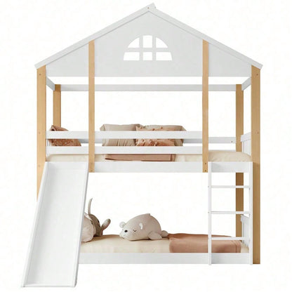 Etagenbett mit charakteristischen Fenstern und dreistufige Winkelzugleiter, Kinderbett mit Rutsche, Hausbett mit Zäunen und Fallschutz, Bettrahmen aus Massivholz, Weiß+Natur, 90x200cm