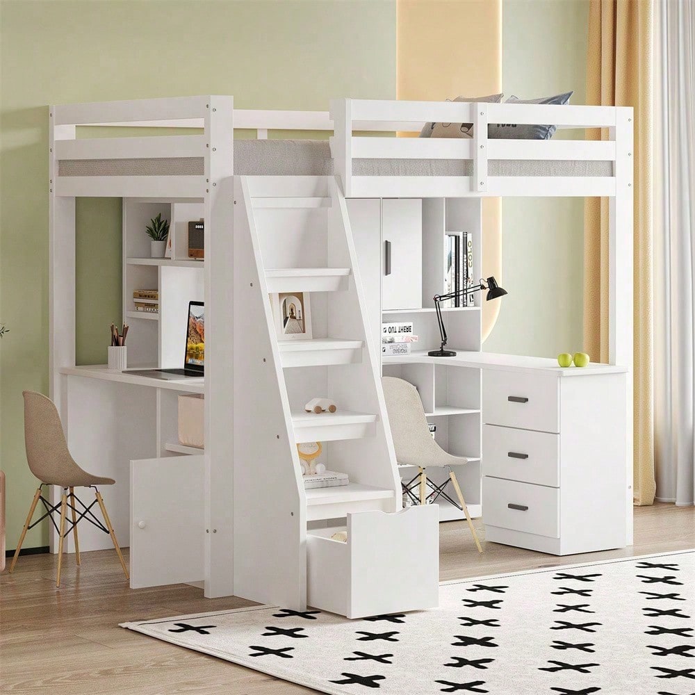 Hochbett 90x200 cm mit Schreibtisch & Regalen - Massivholz-Kinderbett mit Sicherheitsleiter, Schubladen & Schrank in Weiß