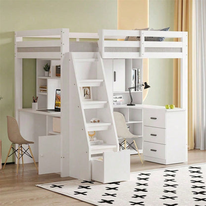 Hochbett 90x200 cm mit Schreibtisch & Regalen - Massivholz-Kinderbett mit Sicherheitsleiter, Schubladen & Schrank in Weiß
