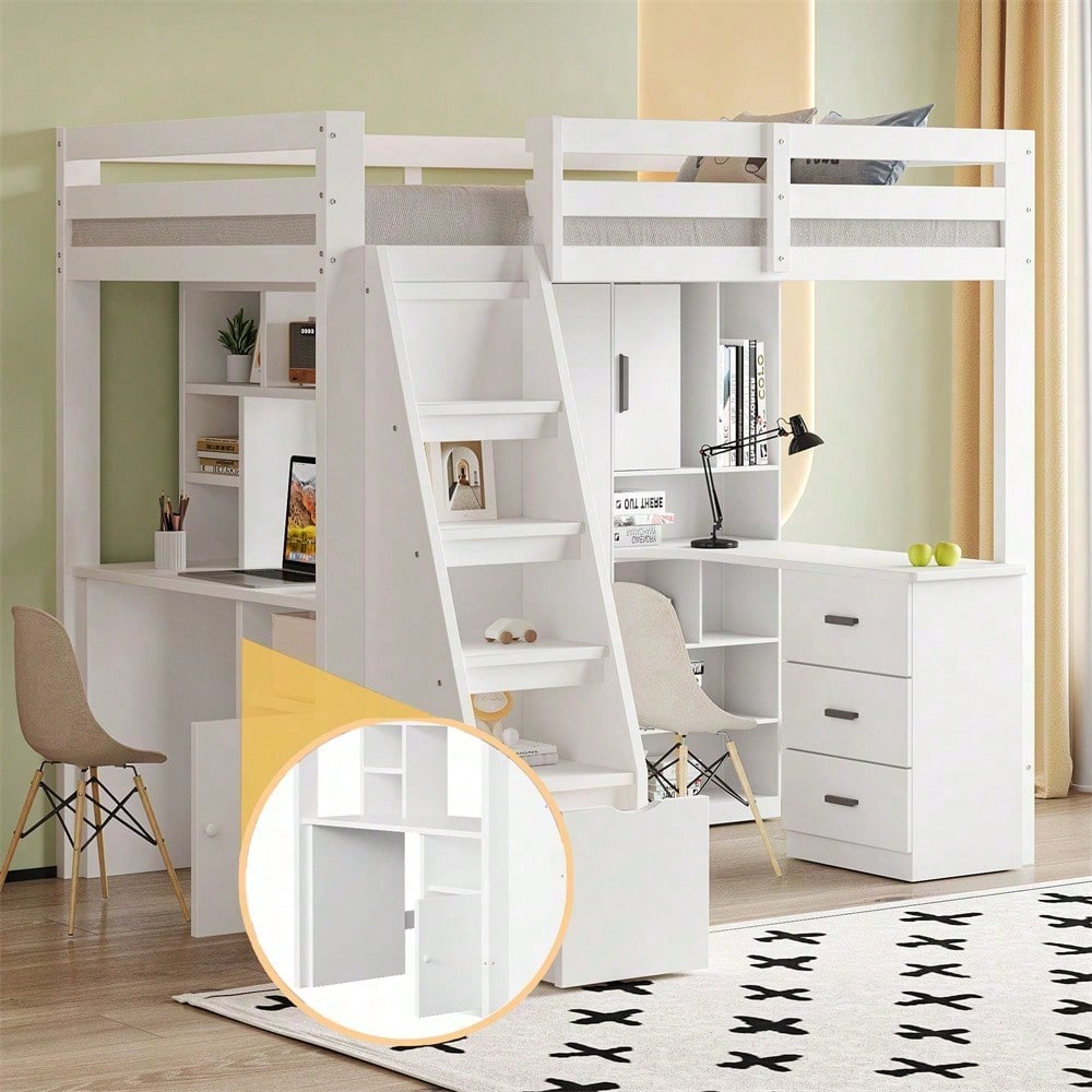 Hochbett 90x200 cm mit Schreibtisch & Regalen - Massivholz-Kinderbett mit Sicherheitsleiter, Schubladen & Schrank in Weiß