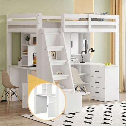 Hochbett 90x200 cm mit Schreibtisch & Regalen - Massivholz-Kinderbett mit Sicherheitsleiter, Schubladen & Schrank in Weiß