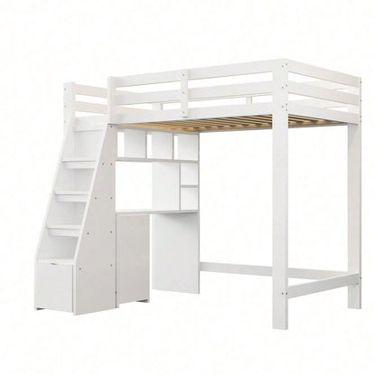 Hochbett 90x200 cm mit Schreibtisch & Regalen - Massivholz-Kinderbett mit Sicherheitsleiter, Schubladen & Schrank in Weiß