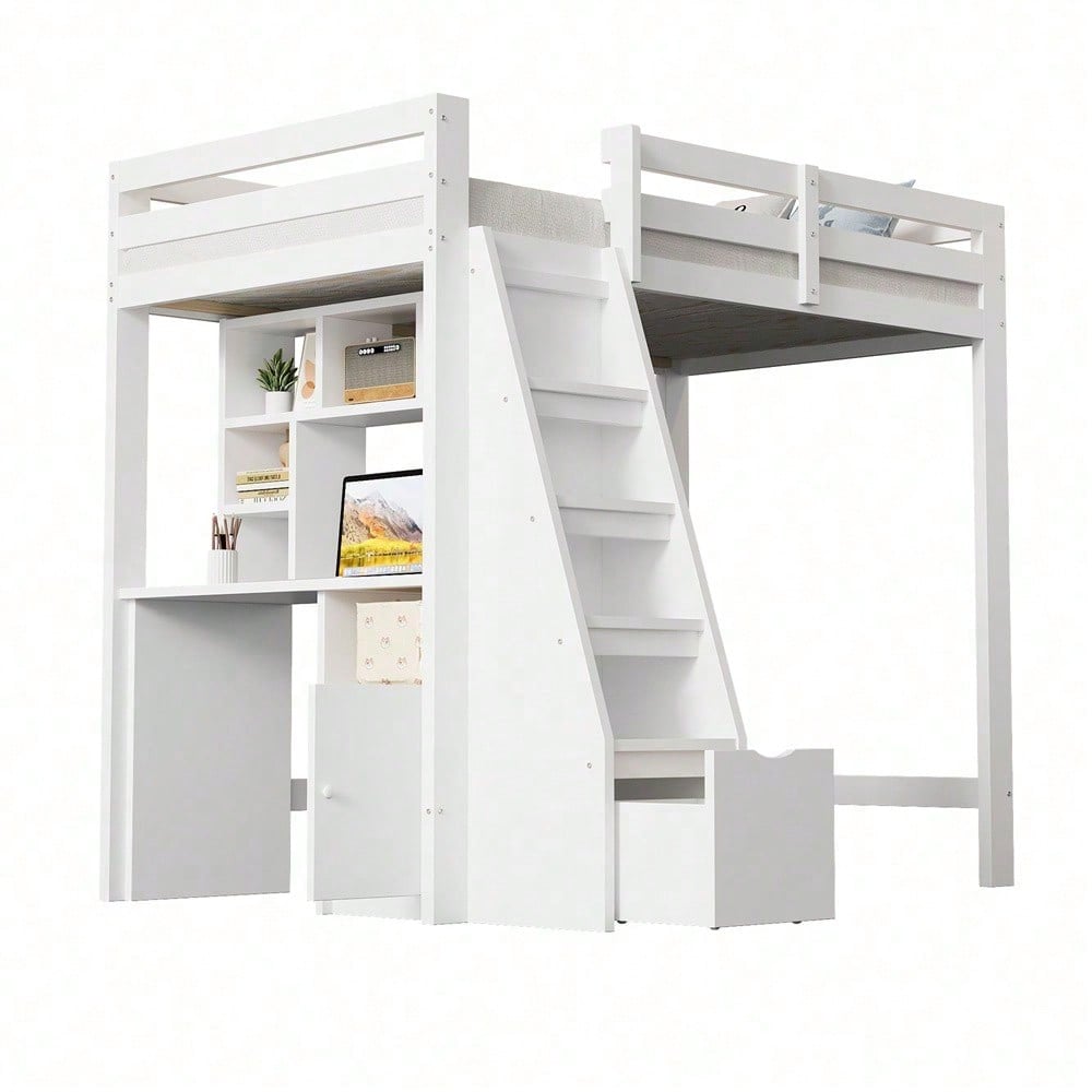 Hochbett 90x200 cm mit Schreibtisch & Regalen - Massivholz-Kinderbett mit Sicherheitsleiter, Schubladen & Schrank in Weiß