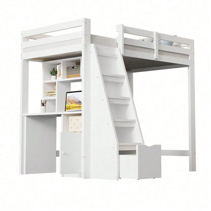 Hochbett 90x200 cm mit Schreibtisch & Regalen - Massivholz-Kinderbett mit Sicherheitsleiter, Schubladen & Schrank in Weiß
