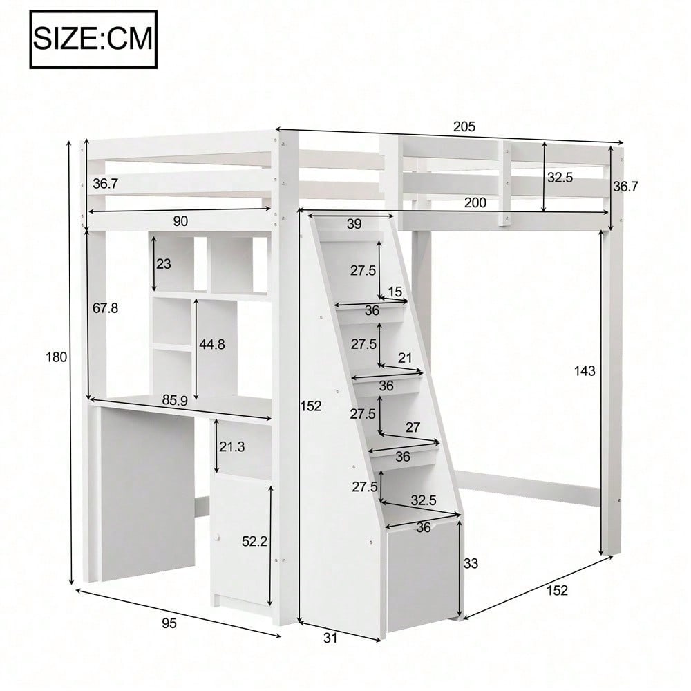 Hochbett 90x200 cm mit Schreibtisch & Regalen - Massivholz-Kinderbett mit Sicherheitsleiter, Schubladen & Schrank in Weiß