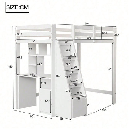 Hochbett 90x200 cm mit Schreibtisch & Regalen - Massivholz-Kinderbett mit Sicherheitsleiter, Schubladen & Schrank in Weiß