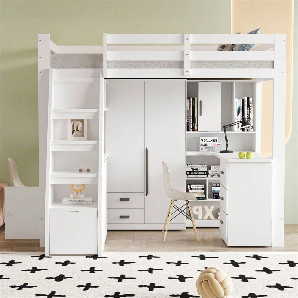 Hochbett 90x200 cm mit Schreibtisch & Regalen - Massivholz-Kinderbett mit Sicherheitsleiter, Schubladen & Schrank in Weiß