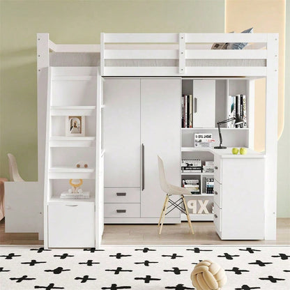 Hochbett 90x200 cm mit Schreibtisch & Regalen - Massivholz-Kinderbett mit Sicherheitsleiter, Schubladen & Schrank in Weiß