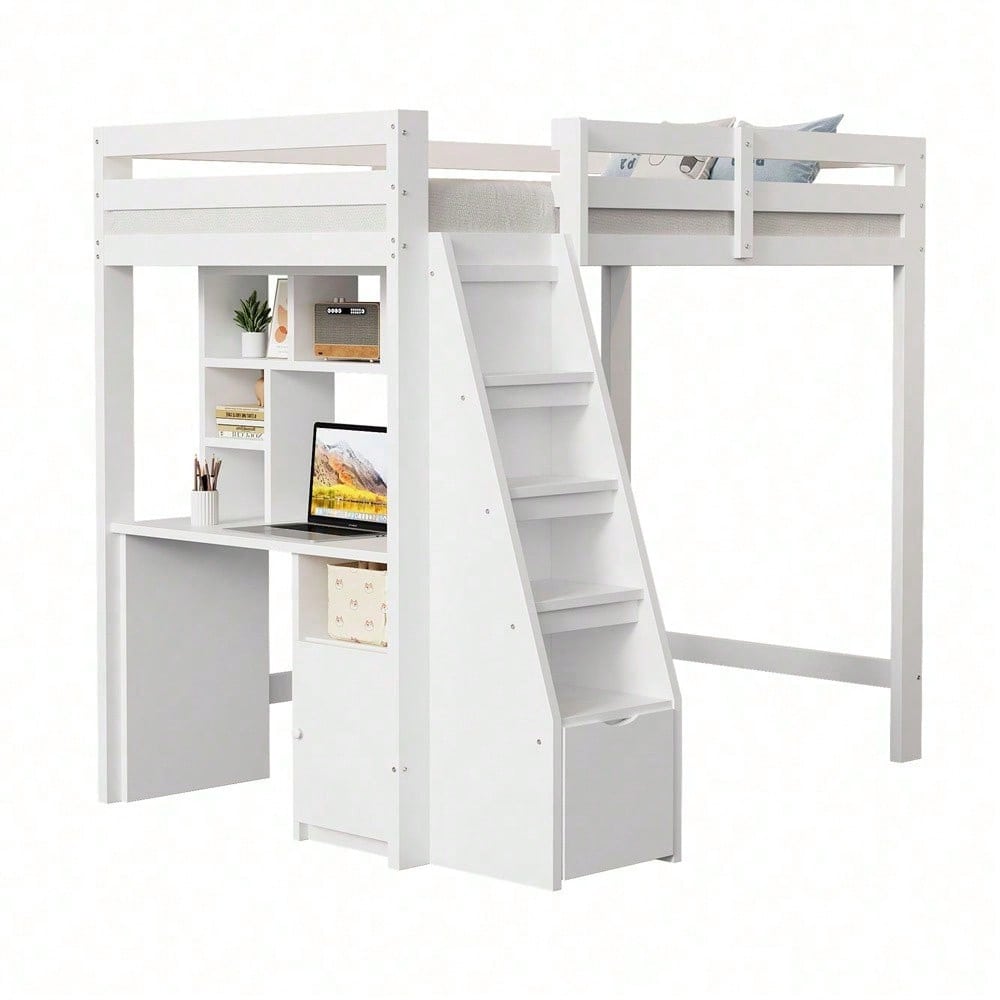 Hochbett 90x200 cm mit Schreibtisch & Regalen - Massivholz-Kinderbett mit Sicherheitsleiter, Schubladen & Schrank in Weiß