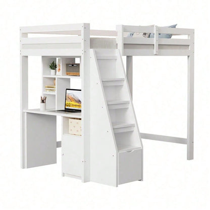 Hochbett 90x200 cm mit Schreibtisch & Regalen - Massivholz-Kinderbett mit Sicherheitsleiter, Schubladen & Schrank in Weiß
