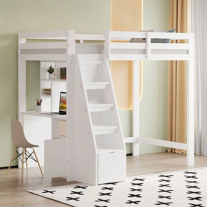 Hochbett 90x200 cm mit Schreibtisch & Regalen - Massivholz-Kinderbett mit Sicherheitsleiter, Schubladen & Schrank in Weiß