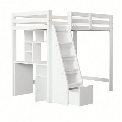 Hochbett 90x200 cm mit Schreibtisch & Regalen - Massivholz-Kinderbett mit Sicherheitsleiter, Schubladen & Schrank in Weiß