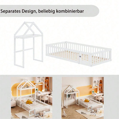 Weißes Kinderbett 90x200 cm aus Massivholz – mit Stauraum, Vollschutzgitter, Tür & Lattenrost