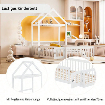 Weißes Kinderbett 90x200 cm aus Massivholz – mit Stauraum, Vollschutzgitter, Tür & Lattenrost
