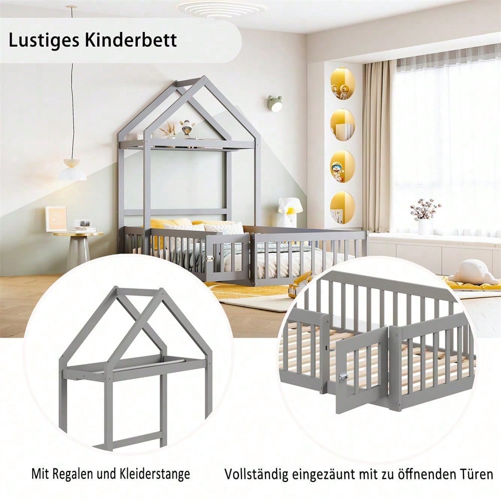 Weißes Kinderbett 90x200 cm aus Massivholz – mit Stauraum, Vollschutzgitter, Tür & Lattenrost
