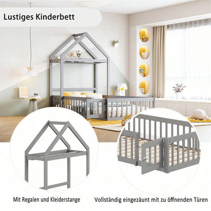 Weißes Kinderbett 90x200 cm aus Massivholz – mit Stauraum, Vollschutzgitter, Tür & Lattenrost
