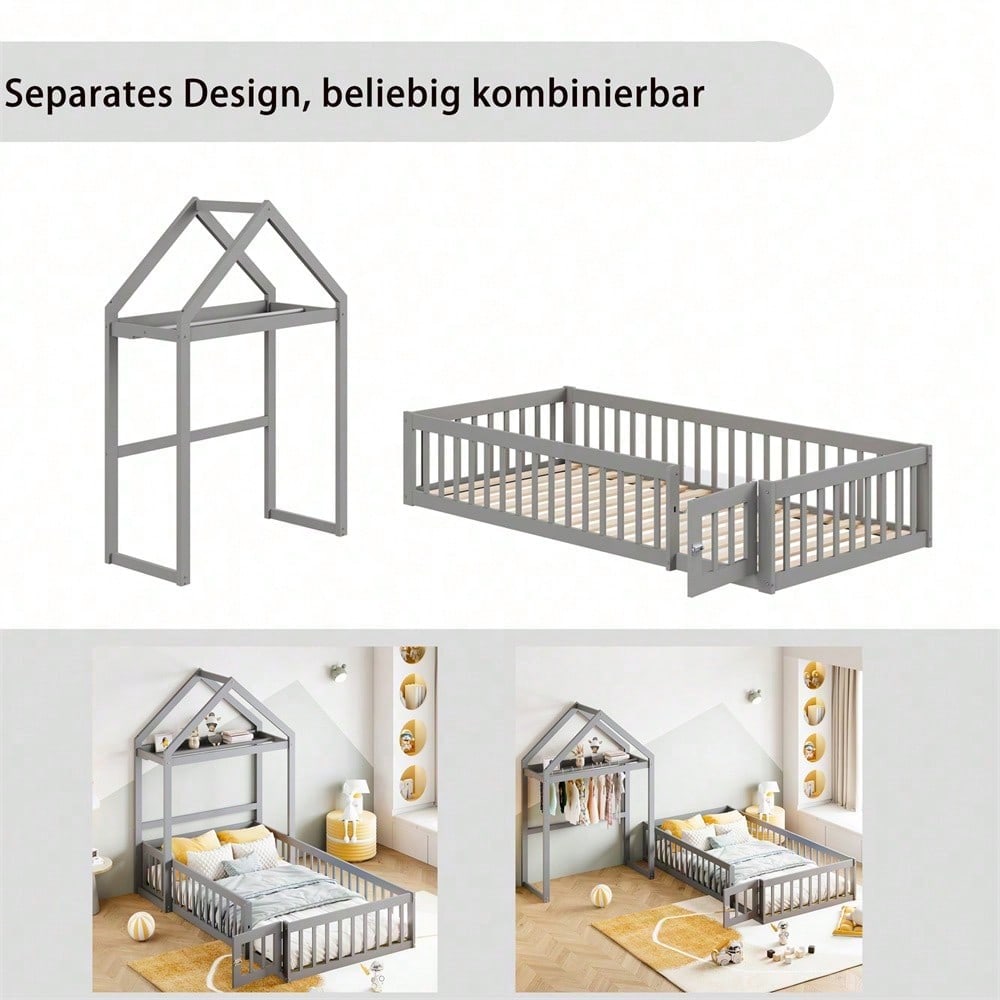Weißes Kinderbett 90x200 cm aus Massivholz – mit Stauraum, Vollschutzgitter, Tür & Lattenrost