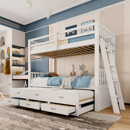 Etagenbett 90x200cm, Kinderbett, Hausbett für Mädchen und Jungen, Bettgestell aus Kiefernholz und MDF mit Leiter undausziehbarem Bett und 3 Schubladen , Ohne Matratze, Grau