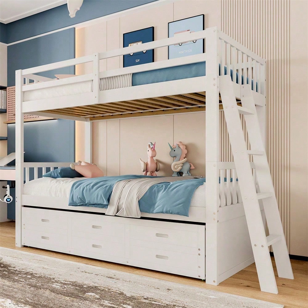 Etagenbett 90x200cm, Kinderbett, Hausbett für Mädchen und Jungen, Bettgestell aus Kiefernholz und MDF mit Leiter undausziehbarem Bett und 3 Schubladen , Ohne Matratze, Grau