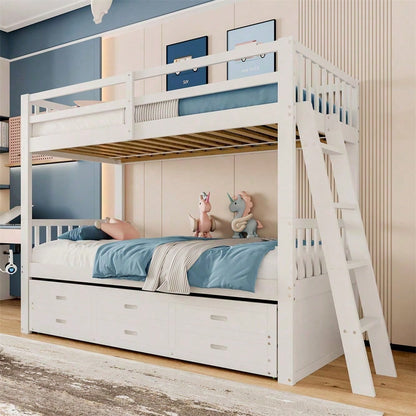 Etagenbett 90x200cm, Kinderbett, Hausbett für Mädchen und Jungen, Bettgestell aus Kiefernholz und MDF mit Leiter undausziehbarem Bett und 3 Schubladen , Ohne Matratze, Grau
